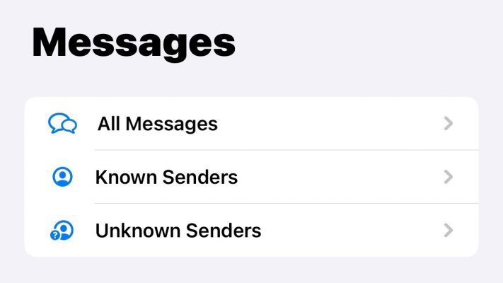 Mục Unknown Senders (Người gửi không xác định) chứa những tin nhắn quảng cáo