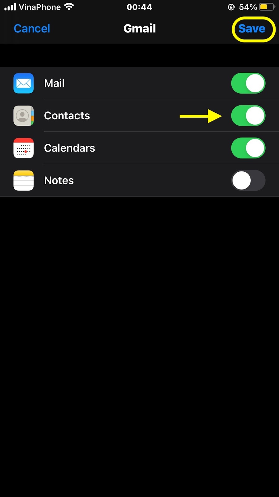 Nhấn vào Save (Lưu) sau khi bạn bật Contacts (Danh bạ)
