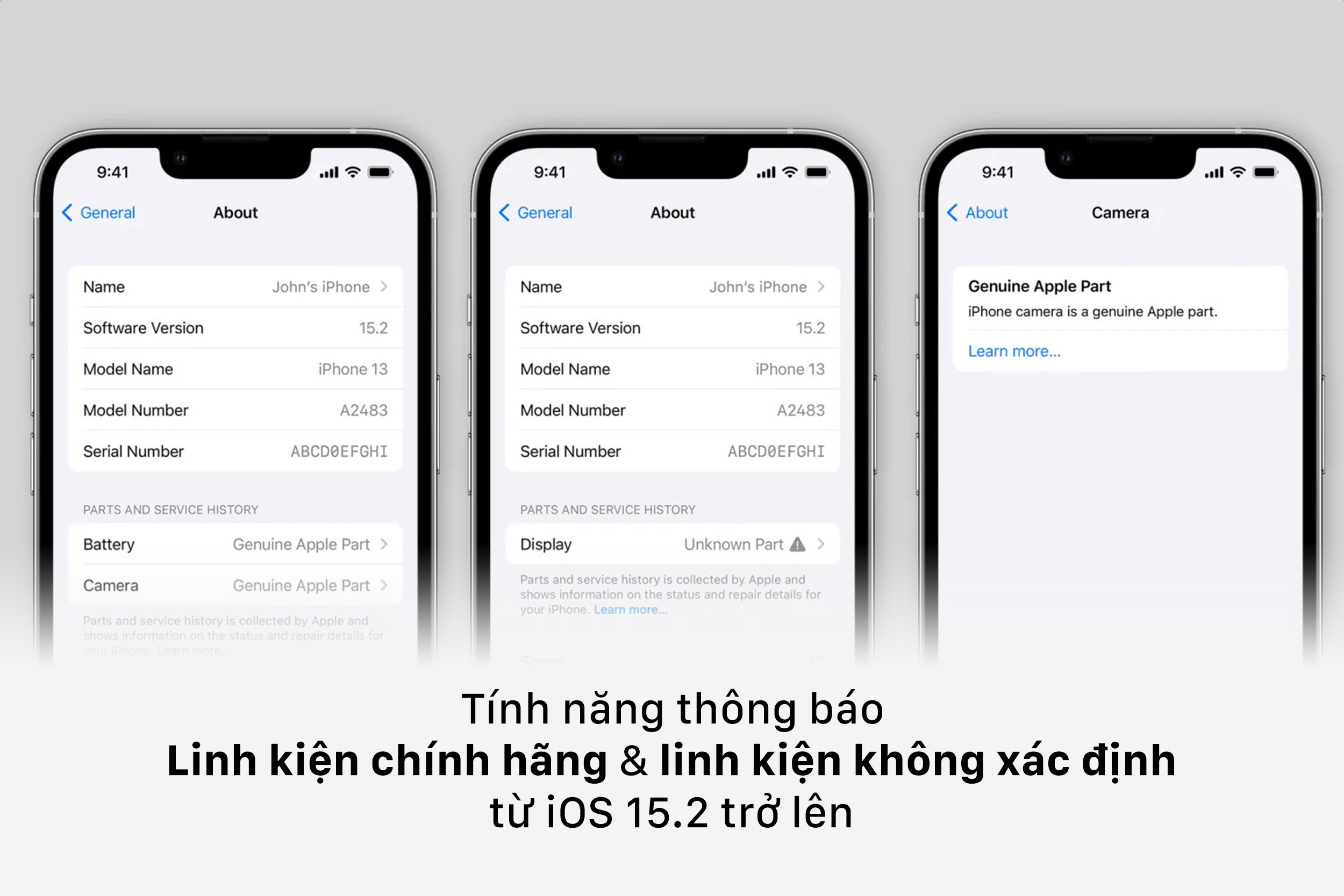 Tính năng thông báo linh kiện chính hãng trên iPhone